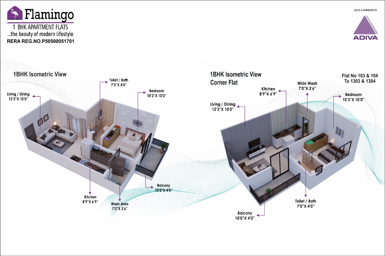 Hakimi Flamingo Residency 1 BHK 3D isometric layouts