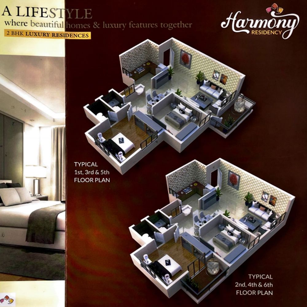 Harmony Residency – 2 BHK 3D floor plans – typical 1st, 3rd, 5th and 2nd, 4th, 6th floors