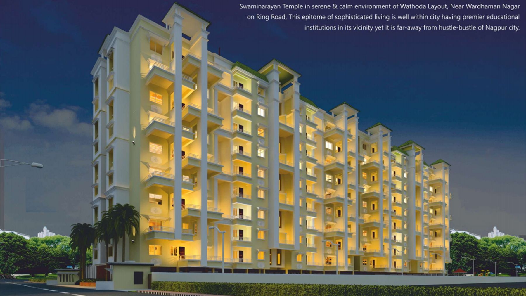 Kasturi Heights 2 and 3 BHK terrace apartments at dusk, Wathoda, Nagpur