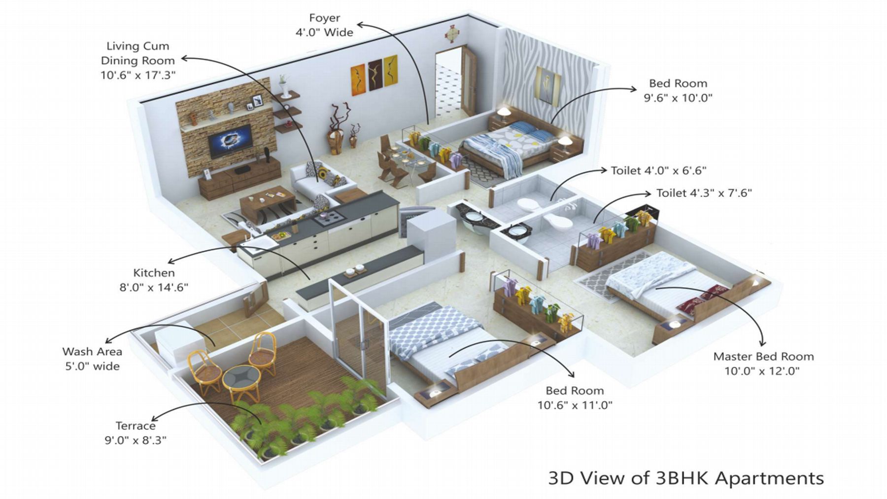 Kasturi Heights 3 BHK apartment 3D layout