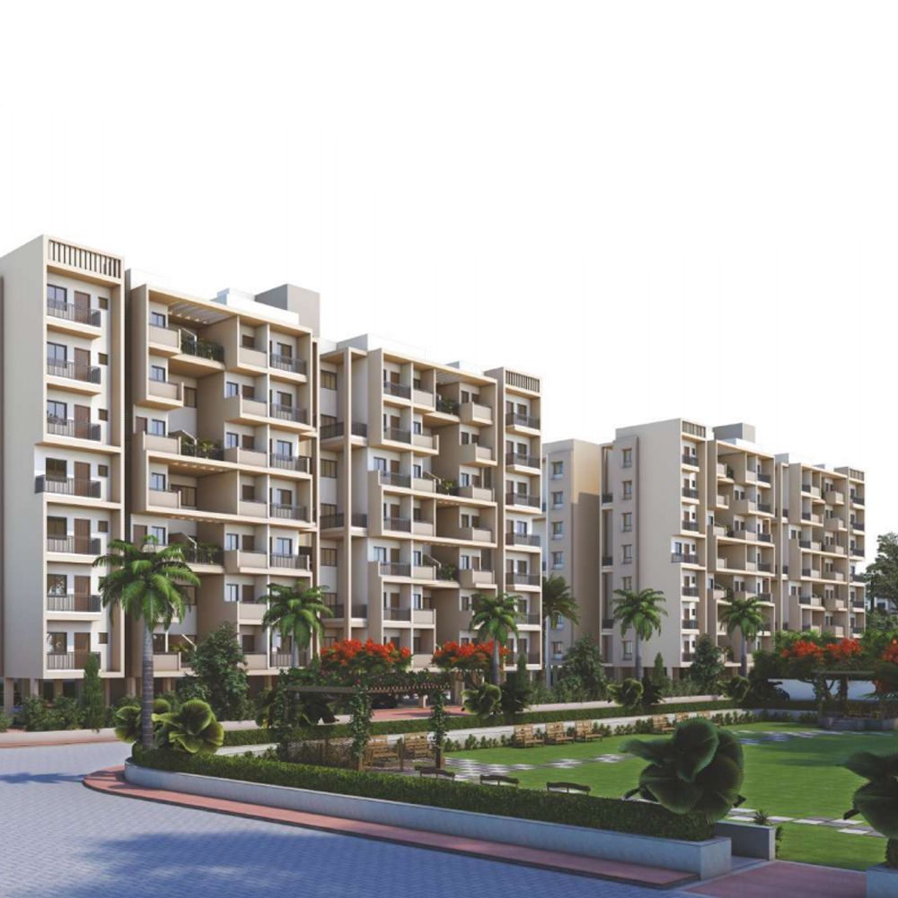 Raj Homes building elevation with landscaped garden