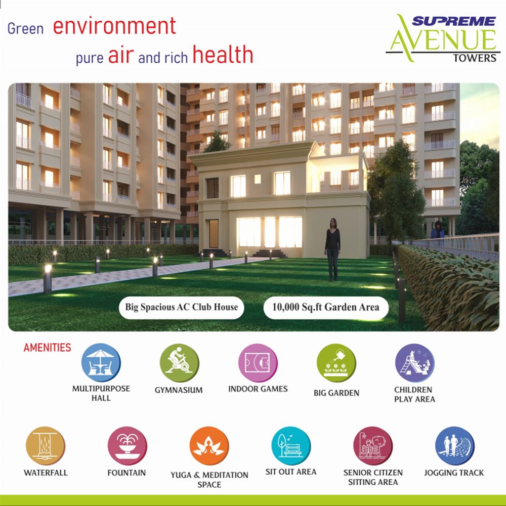 Supreme Avenue Towers amenities: AC clubhouse, gym, garden and play area